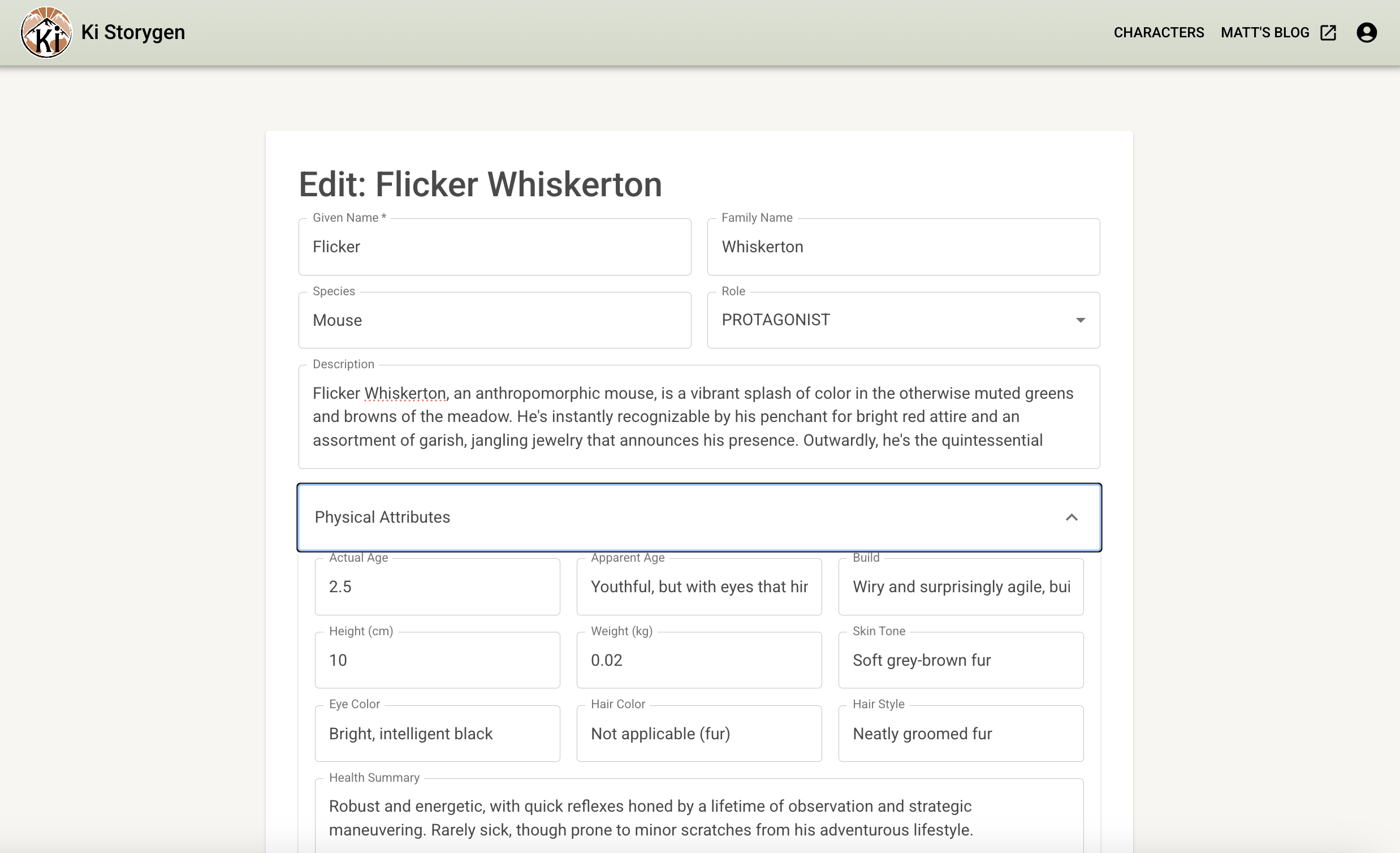 Edit/View Character Page